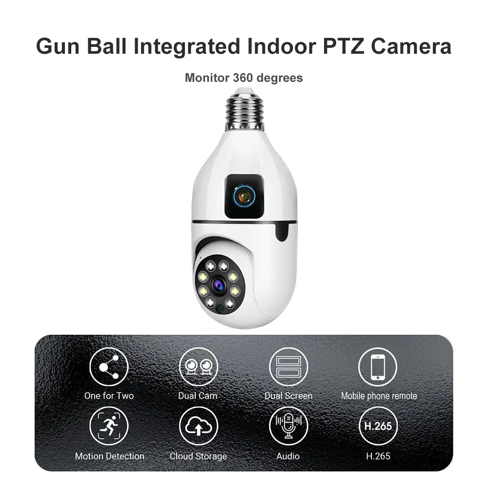 Dual-Lens E27 Bulb WiFi IP Camera - 360° Smart Security & Dual Screen 2 V380 Pro Dual Lens Dual Screen E27 Bulb Camera Two Ways Audio Color Night Vision Smart Home Security Wireless WIFI Indoor Camera