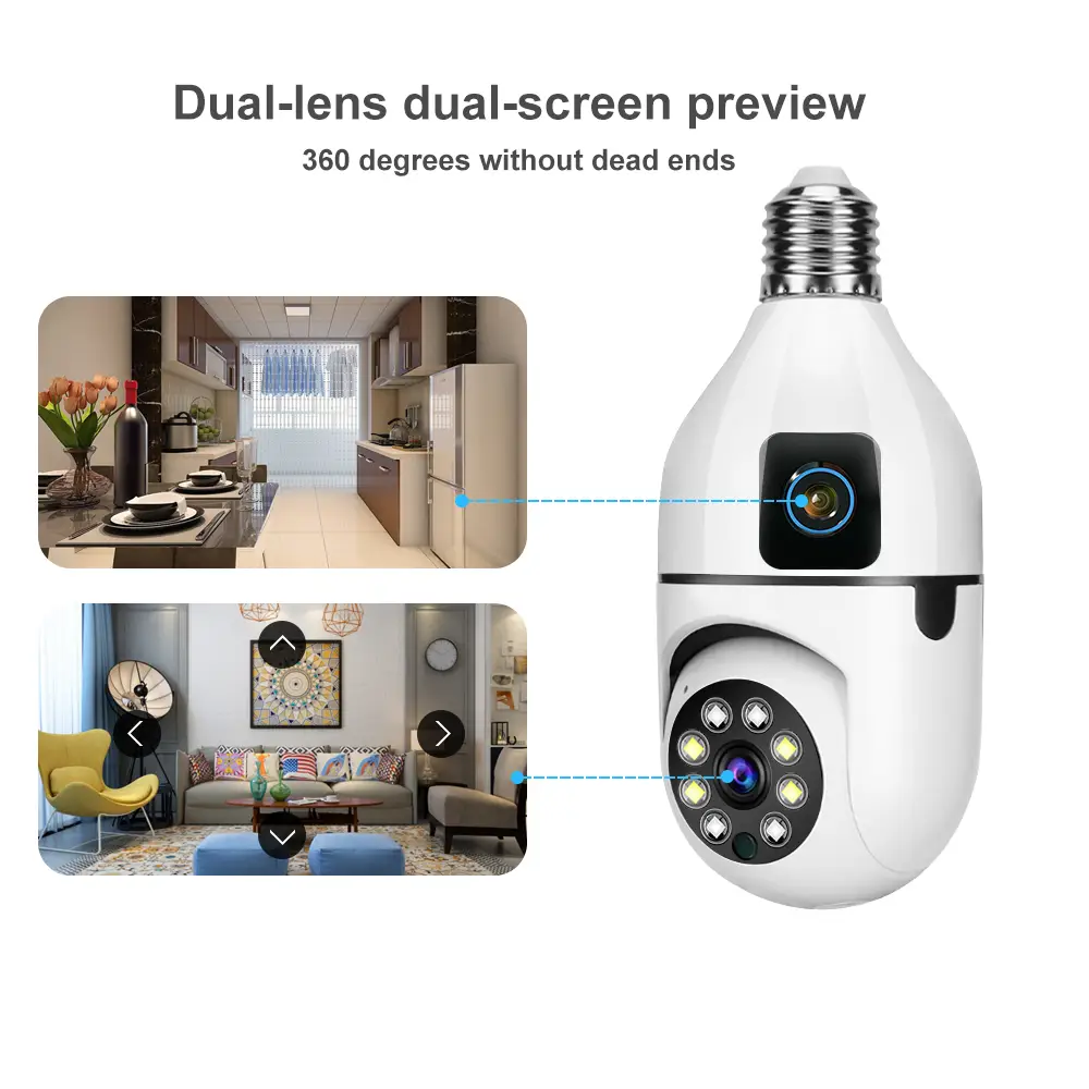 Dual-Lens E27 Bulb WiFi IP Camera - 360° Smart Security & Dual Screen 4 V380 Pro Dual Lens Dual Screen E27 Bulb Camera Two Ways Audio Color Night Vision Smart Home Security Wireless WIFI Indoor Camera