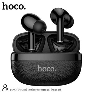 Hoco MMJ24, Hoco MMJ24 Cool Leather, Hoco MMJ24 price in bd, Hoco leather texture earbuds, Hoco True Wireless Earbuds, Stylish TWS earbuds Bangladesh, Unique design earbuds, Hoco MMJ24 TWS, Bluetooth earphones with leather case.